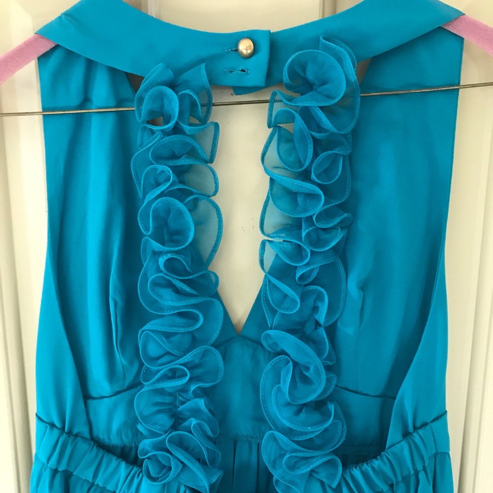 Amanda Uprichard teal silk ruffle strap dress
